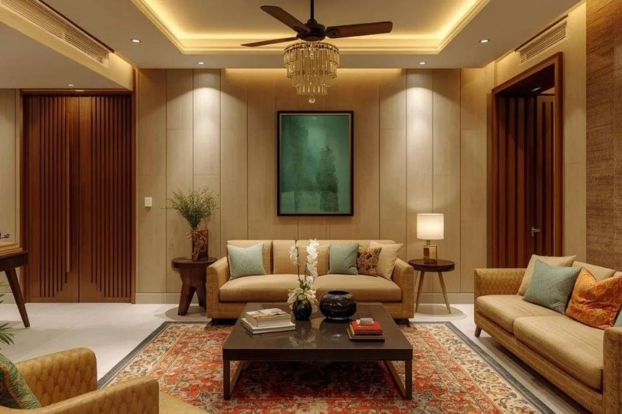 RICCO completed living room with custom seating, decorative lighting and layered ceiling details